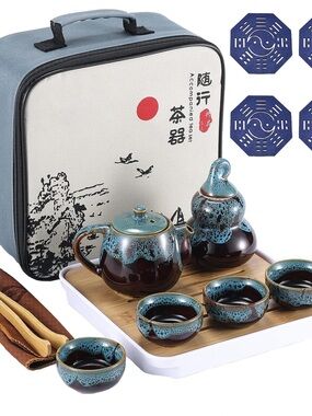 TEA SET in zipper case. Turquoise and Deep Burgundy/Brown tone.